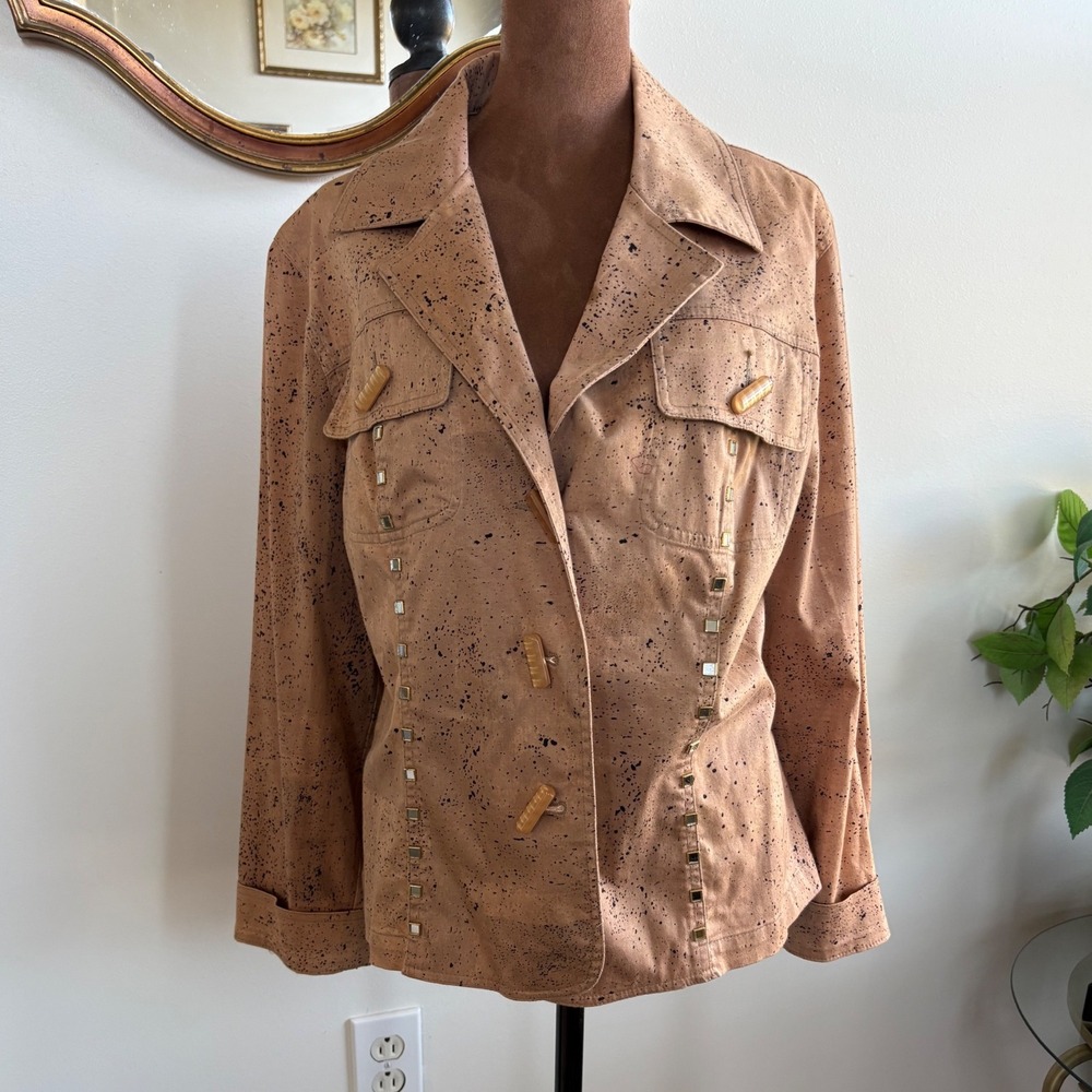 Very Vera Women XL Beige Black Speckled‎ Studded Button Up Blazer Jacket